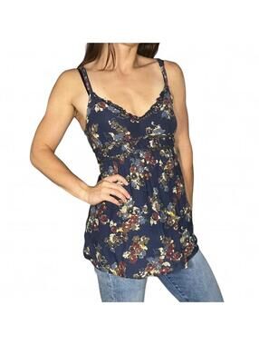 Abercrombie & Fitch Cotton and Silk Blend Navy Floral Cami Beaded Details